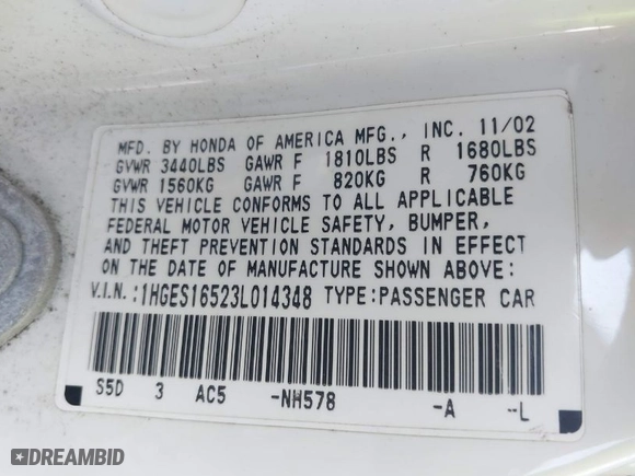2003 Honda Civic LX with VIN 1HGES16523L014348, listed as a IAAI auction lot 42015881 with 271,832 mi miles. Bid and sale history available at carsss.com. Image 9.