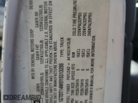 2000 GMC Sonoma with VIN 1GTDT14W8Y8313288, listed as a Copart auction lot 47313605 with 309,224 mi miles and Salvage Title. Bid and sale history available at DreamBid. Image 12.