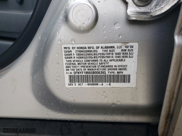 2005 Honda Pilot EX-L with RES with VIN 5FNYF18665B006393, listed as a Copart auction lot 77927164 with 225,911 mi miles and Salvage Title. Bid and sale history available at carsss.com. Image 13.