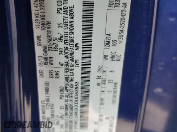 2013 Ford Escape SEL с VIN 1FMCU9HXXDUD63553, выставлен на аукционе Copart как лот 60908565 с пробегом 150 132 миль миль и Списание • Salvage title. История ставок и продаж доступна на DreamBid. Изображение 13.