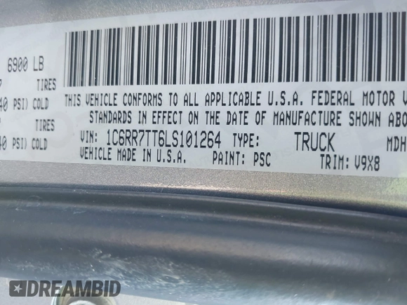 2020 Ram 1500 SLT z VIN 1C6RR7TT6LS101264, wystawiony jako IAAI lot #41359390 z przebiegiem 94 762 mil mil oraz . Historia ofert i sprzedaży dostępna na DreamBid. Obrazek 9.