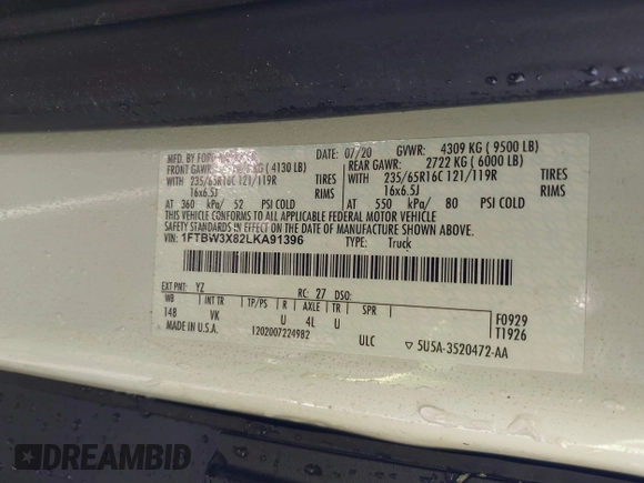 2020 Ford Transit Cargo with VIN 1FTBW3X82LKA91396, listed as a IAAI auction lot 41310803 with 60,760 mi miles and . Bid and sale history available at DreamBid. Image 9.