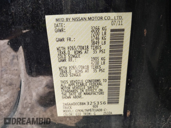2011 Nissan Titan SL z VIN 1N6AA0EC8BN325356, wystawiony jako IAAI lot #42475121 z przebiegiem 278 631 mil mil oraz . Historia ofert i sprzedaży dostępna na DreamBid. Obrazek 9.