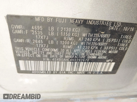 2017 Subaru Outback Premium с VIN 4S4BSAHC4H3292670, выставлен на аукционе IAAI как лот 42376976 с пробегом 137 679 миль миль и . История ставок и продаж доступна на DreamBid. Изображение 9.