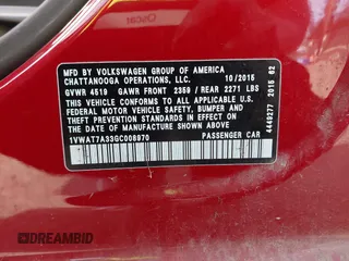 2016 Volkswagen Passat 1.8T S with VIN 1VWAT7A33GC008970, listed as a IAAI auction lot 42046831 with 167,533 mi miles. Bid and sale history available at carsss.com. Image 9.