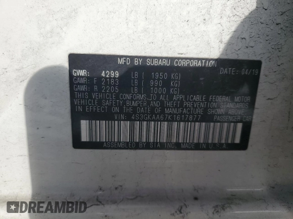 2019 Subaru Impreza with VIN 4S3GKAA67K1617877, listed as a Copart auction lot 78959484 with 41,297 mi miles and Salvage title. Bid and sale history available at DreamBid. Image 12.