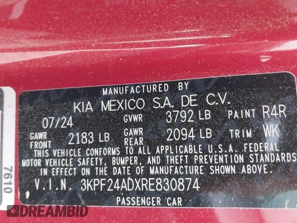 2024 Kia Forte LXS z VIN 3KPF24ADXRE830874, wystawiony jako IAAI lot #41910555 z przebiegiem 8 708 mil mil oraz . Historia ofert i sprzedaży dostępna na DreamBid. Obrazek 9.