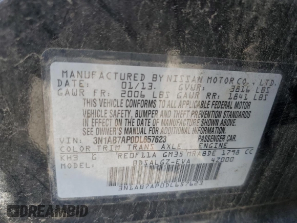 2013 Nissan Sentra SV with VIN 3N1AB7AP0DL657623, listed as a Copart auction lot 51372285 with 114,507 mi miles and Clean Title. Bid and sale history available at DreamBid. Image 12.
