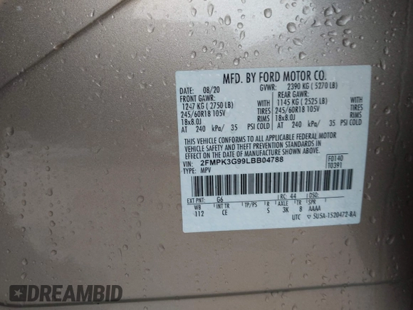 2020 Ford Edge SE with VIN 2FMPK3G99LBB04788, listed as a IAAI auction lot 42330264 with Not provided miles and . Bid and sale history available at DreamBid. Image 9.