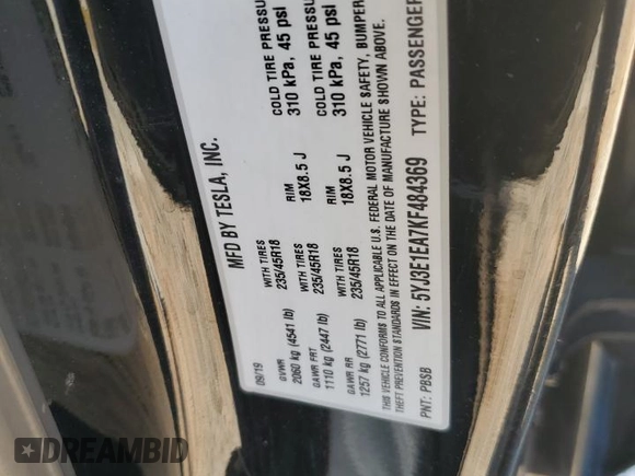 2019 Tesla Model 3 Mid Range z VIN 5YJ3E1EA7KF484369, wystawiony jako Copart lot #51605785 z przebiegiem 101 452 mil mil oraz Nie do naprawy • Non repairable. Historia ofert i sprzedaży dostępna na DreamBid. Obrazek 15.