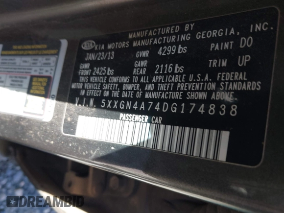 2013 Kia Optima EX with VIN 5XXGN4A74DG174838, listed as a IAAI auction lot 41621839 with 227,173 mi miles. Bid and sale history available at carsss.com. Image 9.
