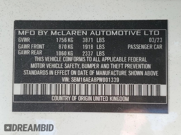 2023 McLaren Artura z VIN SBM16AEA8PW001339, wystawiony jako Copart lot #65218394 z przebiegiem 1954 mil mil oraz Szkody całkowita. Historia ofert i sprzedaży dostępna na DreamBid. Obrazek 15.