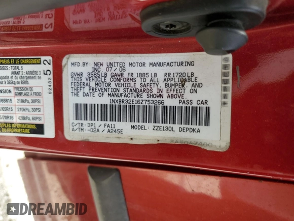 2006 Toyota Corolla CE с VIN 1NXBR32E16Z753266, выставлен на аукционе Copart как лот 60169205 с пробегом 261 662 миль миль и Чистый • Clean title. История ставок и продаж доступна на DreamBid. Изображение 13.