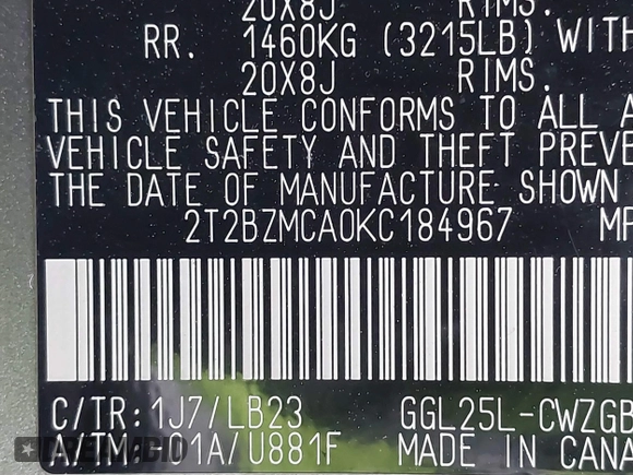 2019 Lexus RX with VIN 2T2BZMCA0KC184967, listed as a IAAI auction lot 41614592 with 35,860 mi miles. Bid and sale history available at carsss.com. Image 9.