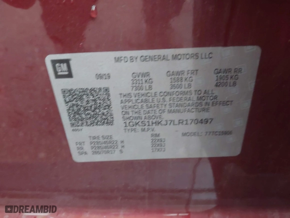 2020 GMC Yukon XL Denali with VIN 1GKS1HKJ7LR170497, listed as a IAAI auction lot 41562109 with 97,357 mi miles. Bid and sale history available at carsss.com. Image 9.