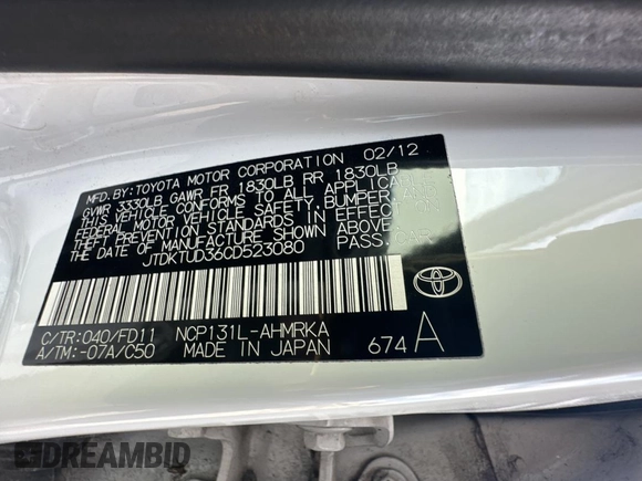 2012 Toyota Yaris L with VIN JTDKTUD36CD523080, listed as a Copart auction lot 44404985 with 134,041 mi miles and Clean Title. Bid and sale history available at carsss.com. Image 10.
