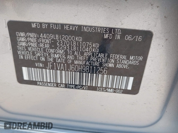 2017 Subaru WRX Limited with VIN JF1VA1J60H9811256, listed as a IAAI auction lot 40245441 with 70,541 mi miles. Bid and sale history available at carsss.com. Image 9.