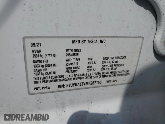 2021 Tesla Model Y Long Range z VIN 5YJYGAEE4MF267156, wystawiony jako Copart lot #50634185 z przebiegiem 72 850 mil mil oraz Szkoda całkowita • Salvage title. Historia ofert i sprzedaży dostępna na DreamBid. Obrazek 16.