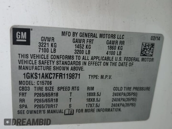 2015 GMC Yukon SLE with VIN 1GKS1AKC7FR119871, listed as a Copart auction lot 43586315 with 194,358 mi miles and Salvage Title. Bid and sale history available at carsss.com. Image 14.