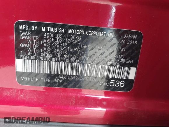 2019 Mitsubishi Eclipse Cross SE z VIN JA4AT5AA2KZ001126, wystawiony jako IAAI lot #41769653 z przebiegiem 65 699 mil mil oraz . Historia ofert i sprzedaży dostępna na DreamBid. Obrazek 9.