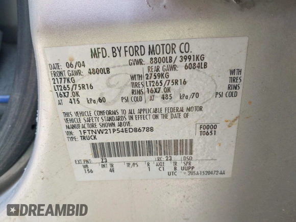 2004 Ford F-250 XL with VIN 1FTNW21P54ED86788, listed as a IAAI auction lot 42378691 with Not provided miles and . Bid and sale history available at DreamBid. Image 9.