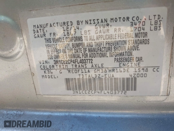 2015 Nissan Note SV with VIN 3N1CE2CP4FL403772, listed as a IAAI auction lot 41308933 with 137,688 mi miles and . Bid and sale history available at DreamBid. Image 9.