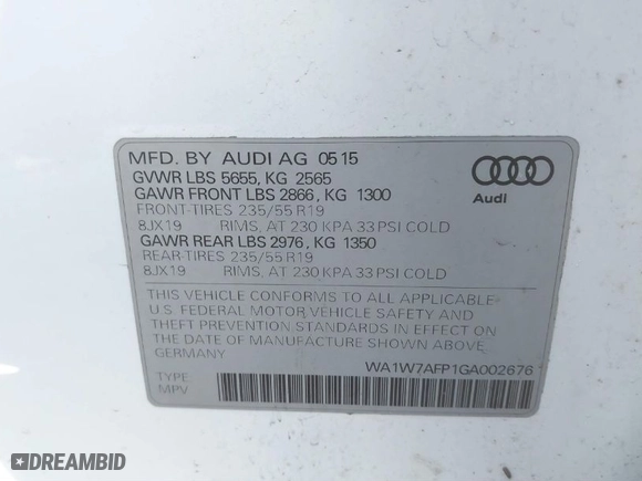 2016 Audi Q5 Prestige with VIN WA1W7AFP1GA002676, listed as a IAAI auction lot 41769082 with 105,458 mi miles. Bid and sale history available at carsss.com. Image 9.