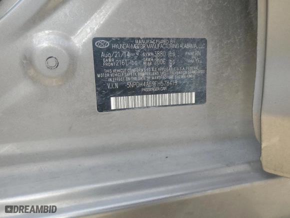 2015 Hyundai Elantra Limited with VIN 5NPDH4AE9FH578413, listed as a Copart auction lot 44243195 with 143,192 mi miles and Salvage Title. Bid and sale history available at carsss.com. Image 12.