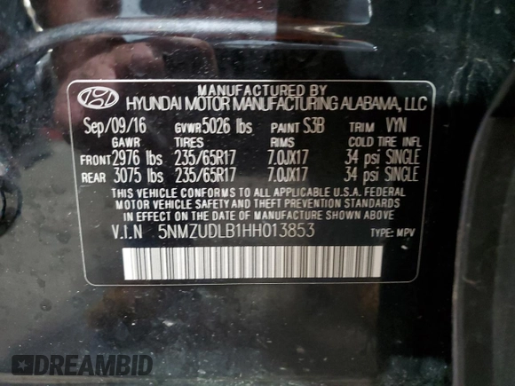 2017 Hyundai Santa Fe 2.4L with VIN 5NMZUDLB1HH013853, listed as a Copart auction lot 62577715 with 65,336 mi miles and Salvage title. Bid and sale history available at DreamBid. Image 13.
