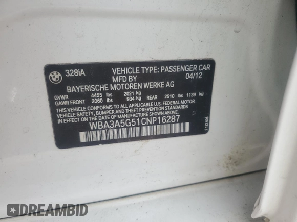 2012 BMW 3 Series 328i with VIN WBA3A5G51CNP16287, listed as a Copart auction lot 46490315 with 141,180 mi miles and Clean Title. Bid and sale history available at carsss.com. Image 12.