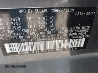 2022 Subaru Legacy Limited with VIN 4S3BWAN69N3007190, listed as a IAAI auction lot 42589995 with 34,411 mi miles and . Bid and sale history available at DreamBid. Image 9.
