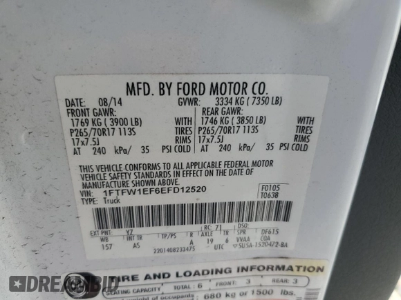 2014 Ford F-150 XL with VIN 1FTFW1EF6EFD12520, listed as a Copart auction lot 57326585 with 229,148 mi miles and Salvage title. Bid and sale history available at DreamBid. Image 12.