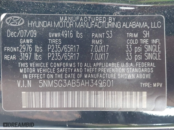 2010 Hyundai Santa Fe GLS with VIN 5NMSG3AB5AH349601, listed as a IAAI auction lot 41703468 with 181,052 mi miles. Bid and sale history available at carsss.com. Image 9.