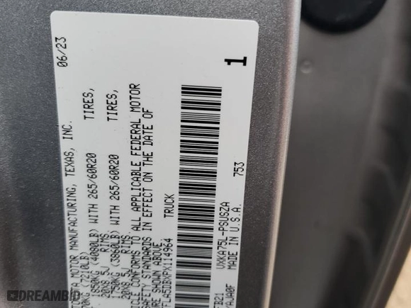 2023 Toyota Tundra 4WD SR5 with VIN 5TFLA5DBXPX114964, listed as a Copart auction lot 51179835 with 0 mi miles and Salvage Title. Bid and sale history available at carsss.com. Image 12.