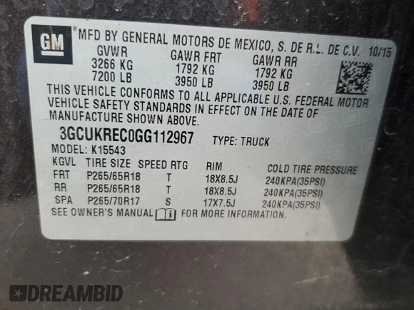 2016 Chevrolet Silverado 1500 LT with VIN 3GCUKREC0GG112967, listed as a Copart auction lot 50008905 with 132,203 mi miles and Salvage Title. Bid and sale history available at DreamBid. Image 12.