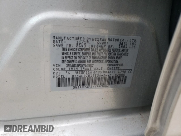 2019 Nissan Sentra S with VIN 3N1AB7AP2KY449002, listed as a Copart auction lot 48958505 with 102,181 mi miles and Salvage Title. Bid and sale history available at DreamBid. Image 12.