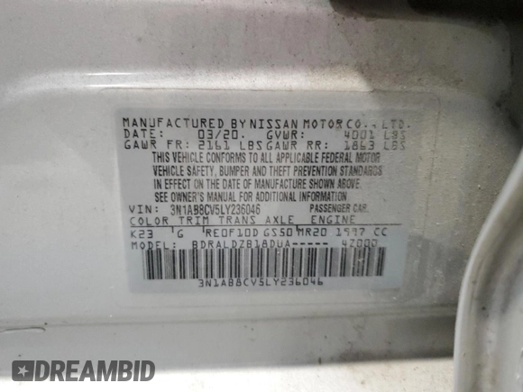 2020 Nissan Sentra SV with VIN 3N1AB8CV5LY236046, listed as a Copart auction lot 50626435 with 63,558 mi miles and Salvage Title. Bid and sale history available at carsss.com. Image 12.