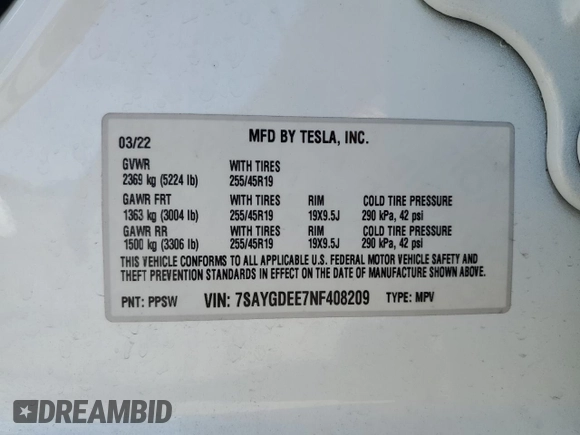 2022 Tesla Model Y Long Range with VIN 7SAYGDEE7NF408209, listed as a Copart auction lot 50469215 with 33,621 mi miles and Salvage Title. Bid and sale history available at carsss.com. Image 13.