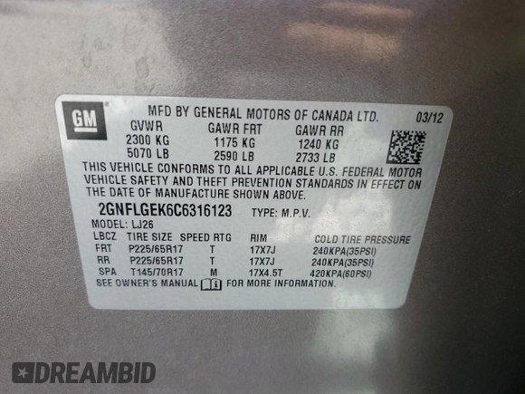 2012 Chevrolet Equinox LTZ with VIN 2GNFLGEK6C6316123, listed as a Copart auction lot 48381725 with 38,534 mi miles and Salvage Title. Bid and sale history available at DreamBid. Image 13.