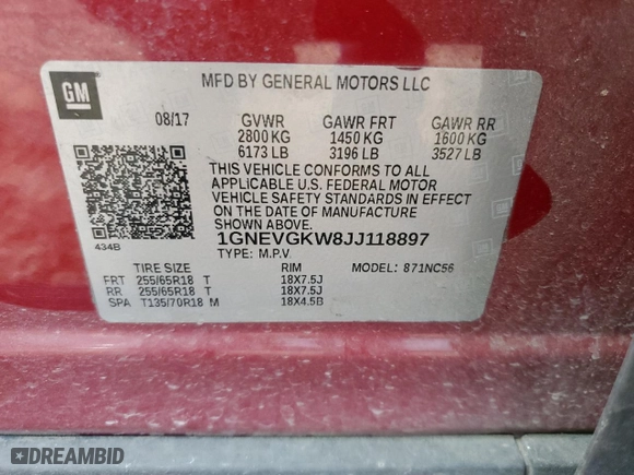 2018 Chevrolet Traverse LT Cloth with VIN 1GNEVGKW8JJ118897, listed as a Copart auction lot 44454885 with 128,814 mi miles and Salvage Title. Bid and sale history available at carsss.com. Image 14.