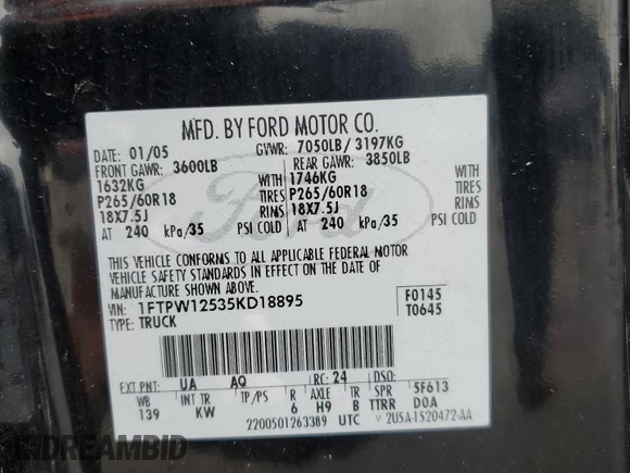 2005 Ford F-150 XLT z VIN 1FTPW12535KD18895, wystawiony jako Copart lot #56825825 z przebiegiem 338 005 mil mil oraz Szkoda całkowita • Salvage title. Historia ofert i sprzedaży dostępna na DreamBid. Obrazek 12.