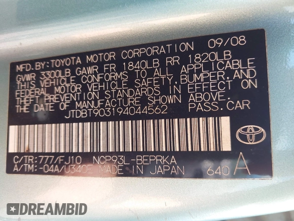 2009 Toyota Yaris with VIN JTDBT903194044562, listed as a IAAI auction lot 41538503 with 207,297 mi miles and . Bid and sale history available at DreamBid. Image 9.