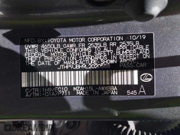 2020 Lexus UX 250h with VIN JTHP9JBH9L2020588, listed as a IAAI auction lot 42543365 with 61,792 mi miles and . Bid and sale history available at DreamBid. Image 9.