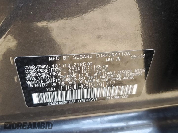 2024 Subaru Impreza RS with VIN JF1GUHHC8R8391712, listed as a Copart auction lot 80944384 with 1,919 mi miles and Salvage Title. Bid and sale history available at carsss.com. Image 12.