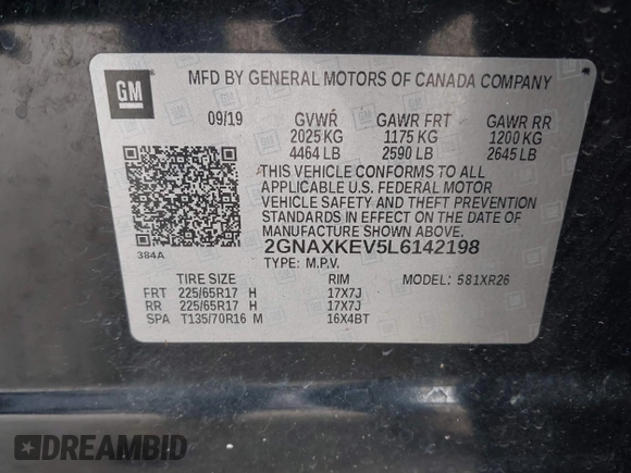 2020 Chevrolet Equinox LT z VIN 2GNAXKEV5L6142198, wystawiony jako IAAI lot #41765650 z przebiegiem 131 946 mil mil oraz . Historia ofert i sprzedaży dostępna na DreamBid. Obrazek 9.