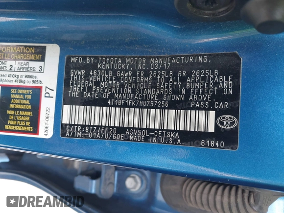 2017 Toyota Camry XLE with VIN 4T1BF1FK7HU757256, listed as a IAAI auction lot 41592844 with 111,402 mi miles and . Bid and sale history available at DreamBid. Image 9.