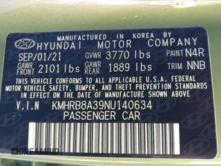 2022 Hyundai Venue SE with VIN KMHRB8A39NU140634, listed as a IAAI auction lot 38247791 with 31,622 mi miles and . Bid and sale history available at DreamBid. Image 9.