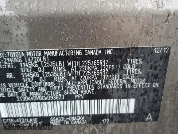 2012 Toyota RAV4 Limited with VIN 2T3DK4DV0CW093823, listed as a Copart auction lot 85976554 with 187,741 mi miles and Salvage Title. Bid and sale history available at carsss.com. Image 15.