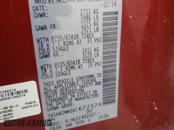 2014 Nissan Pathfinder S with VIN 5N1AR2MM3EC672574, listed as a Copart auction lot 60650325 with 139,558 mi miles and Salvage title. Bid and sale history available at DreamBid. Image 13.