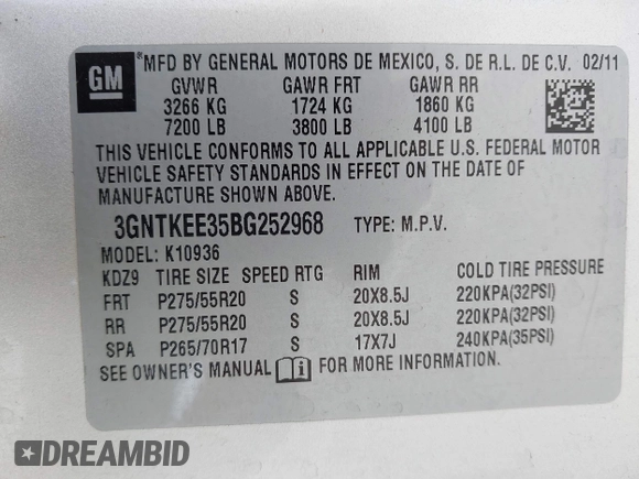 2011 Chevrolet Avalanche LS with VIN 3GNTKEE35BG252968, listed as a IAAI auction lot 42109433 with 117,352 mi miles and . Bid and sale history available at DreamBid. Image 9.